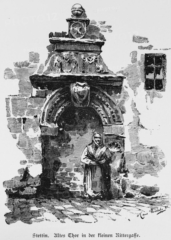 Old gate in the Rittergasse, Stettin or Szczecin, Poland, alley, ornamentation, wall, old woman, historical illustration 1880, Europe