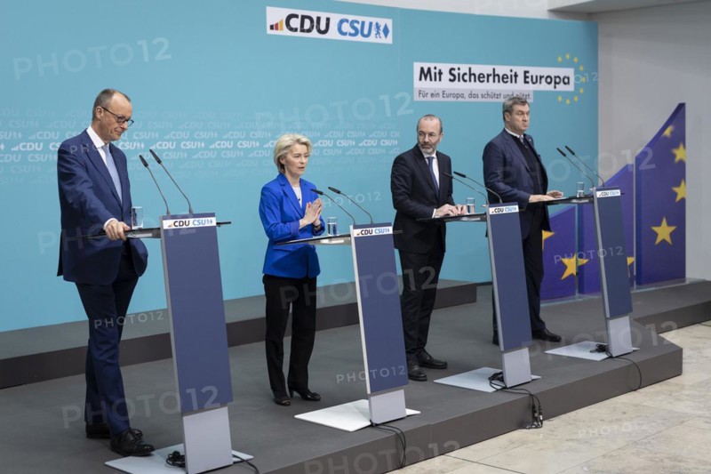 Friedrich Merz, CDU Party Chairman, Ursula von der Leyen, President of the European Commission, Manfred Weber, EPP Group Chairman and Markus Söder, Minister-President of Bavaria, at a press conference after the joint meeting of the CDU/CSU Presidiums on the European election programme in Berlin, 11 March 2024