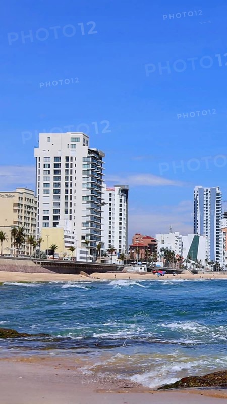 Panoramic view of Mazatlan sea promenade and waterfront El Malecon with ocean lookouts and beaches