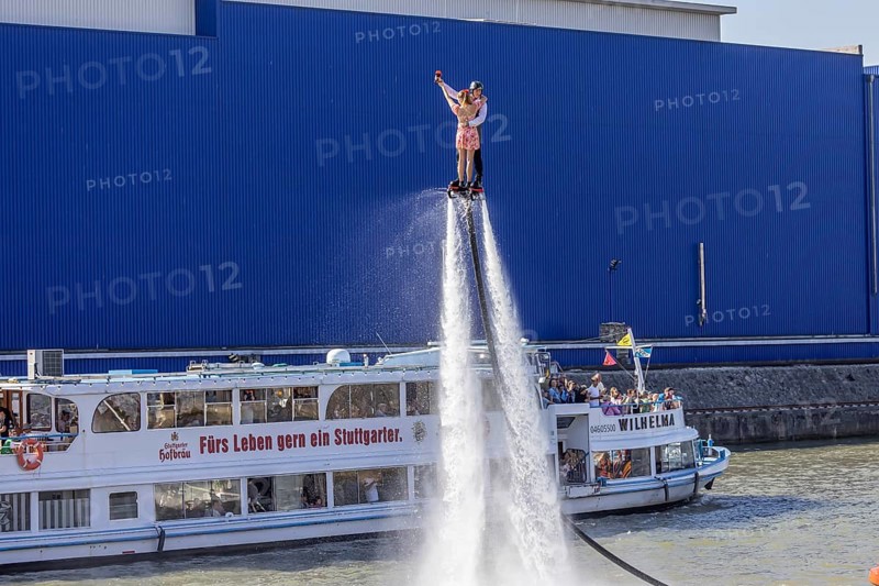 Harbour festival in Stuttgart. Spectacular jet ski and flyboard show on the Neckar. Stuttgart, Baden-Württemberg, Germany, Europe