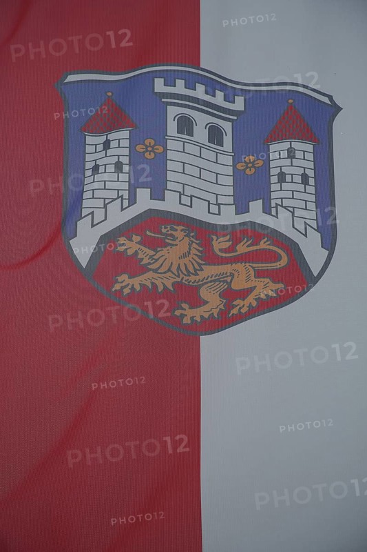 Town flag and town coat of arms with lion figure and three towers, red, white, market square, Biedenkopf, Hesse, Germany, Europe