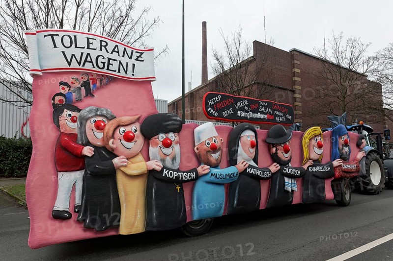 Representatives of the world's religions dance polonaise, Muslim, Catholic, Jewish, themed float on the theme of tolerance by Jacques Tilly, Rose Monday parade Düsseldorf, North Rhine-Westphalia, Germany, Europe
