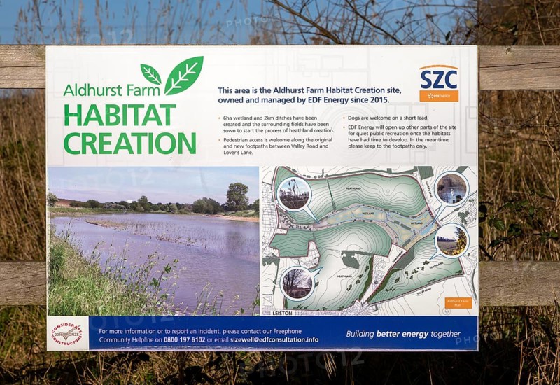 Information sign Sizewell C Consortium habitat creation project, Aldhurst Farm, Leiston, Suffolk, England, UK, EDF Energy