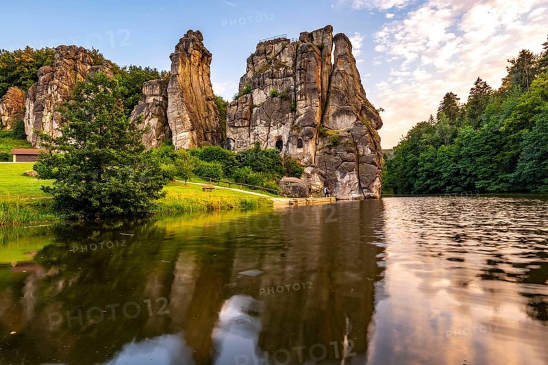 The Externsteine, a sandstone rock formation, Wiembecketeich, in the Teutoburg Forest, near Horn-Bad Meinberg, Lippe district, North Rhine-Westphalia, Germany, Europe
