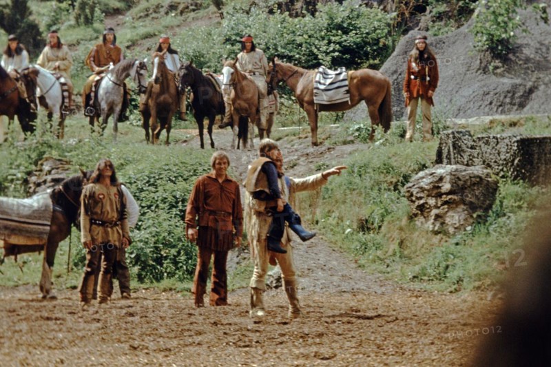 Pierre Brice as Winnetou and other actors in The Treasure in Silver Lake, Karl May Festival, open-air theatre Elspe, Sauerland, North Rhine-Westphalia, Germany, June 1982, vintage, retro, old, historical, Europe