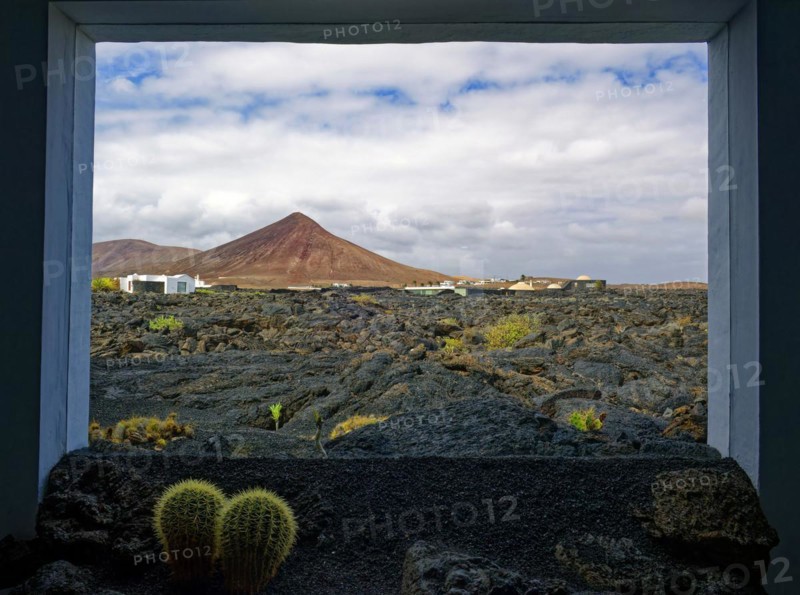 Volcanic landscape, view from the window of the Fundación César Manrique, César Manrique Foundation, Tahíche, Lanzarote, Canary Islands, Canary Islands, Spain, Europe