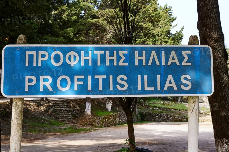 Street sign with Greek and Latin text 'Profitis Ilias' in a natural forest landscape, Profitis Ilias, Rhodes, Dodecanese, Greek Islands, Greece, Europe