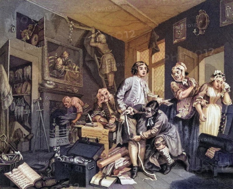 The Rakes Progress The young heir takes possession of the misers effects From the original picture by Hogarth from The Works of Hogarth published London 1833, Historic, digitally restored reproduction from a 19th century original, Record date not stated