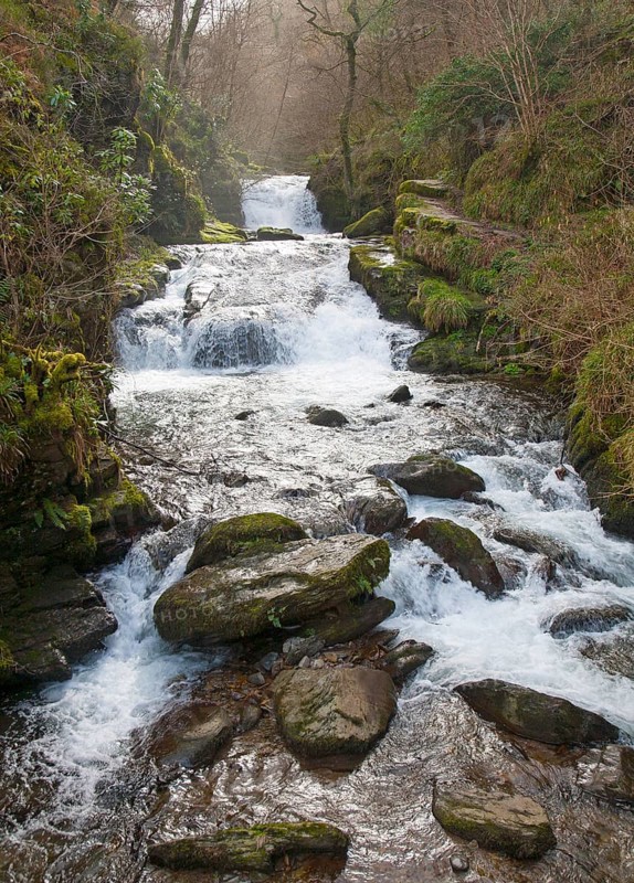 Hoar Oak Water river waterfall at Watersmeet, Lyn Valley, near Lynmouth, Exmoor national park, Devon, England, United Kingdom, Europe