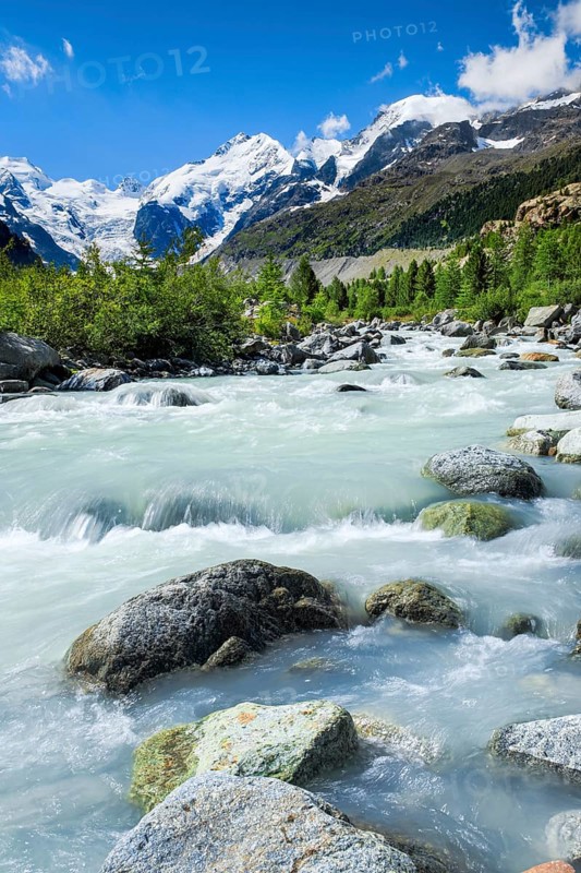 Morteratsch Valley, Piz Palue, 3905 m, Piz Bernina, 4049 m, Biancograt, Morteratsch Glacier, Graubünden, Switzerland, Europe