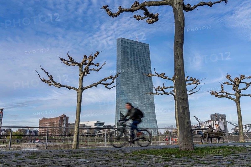 Building of the European Central Bank, ECB, cycle path on the Main in Frankfurt, Hesse, Germany, Europe