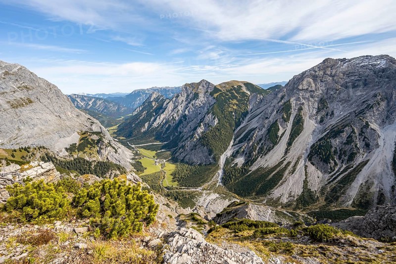 View into Falzthurntal, from the summit of Hahnkampl, in autumn, Karwendel Mountains, Alpenpark Karwendel, Tyrol, Austria, Europe