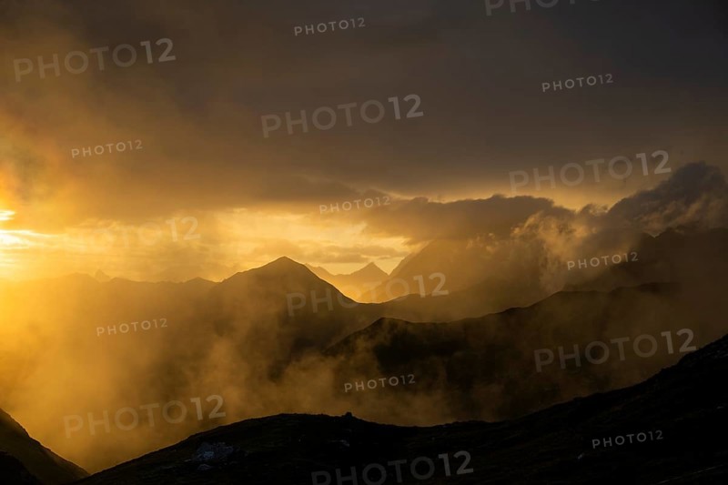 Montafon mountains with dramatic cloudy sky at sunset, Tschagguns, Rätikon, Montafon, Vorarlberg, Austria, Europe