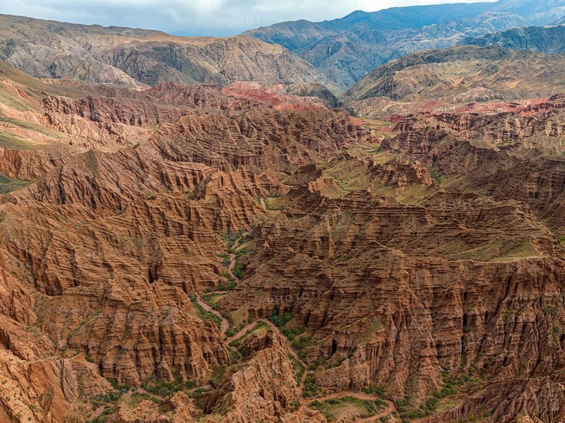 Eroded mountain landscape, canyon with red and orange rock formations, aerial view, Konorchek Canyon, Chuy, Kyrgyzstan, Asia