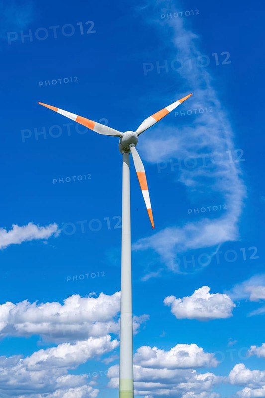 Wind turbine, wind energy plant from the manufacturer Enercon, blue sky with many white clouds, near Schermbeck, North Rhine-Westphalia, Germany, Europe