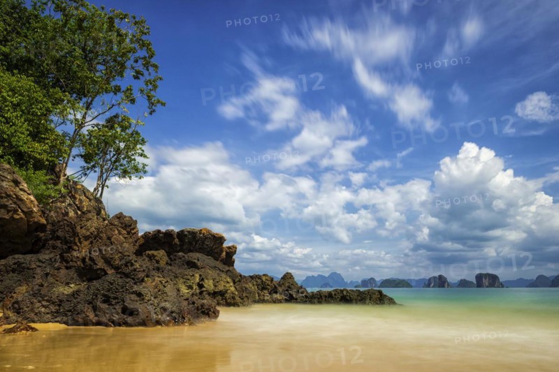 Lonely beach on Koh Yao Noi, movement, exposure, long exposure, beach holiday, beach landscape, rocks, forest, rainforest, sea, dream beach, dream holiday, holiday, travel, tourism, beach, coast, coastal landscape, tropical, tropical landscape, island, nobody, empty, lonely, beautiful weather, sun, climate, sunny, seascape, holiday mood, holiday cliché, landscape, beach holiday, paradise, holiday paradise, paradisiacal, untouched, nature, travel photo, natural landscape, Phangnga, Thailand, Asia