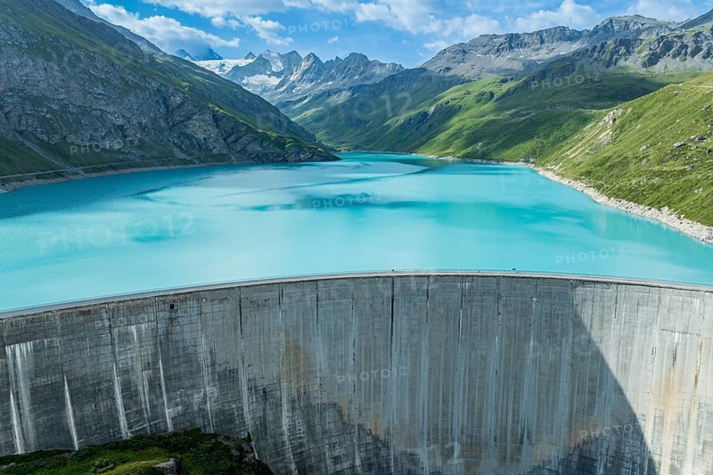 Dam of the Moiry lake, Lac de Moiry, turquoise glacial water, aerial view, Valais, Switzerland, Europe