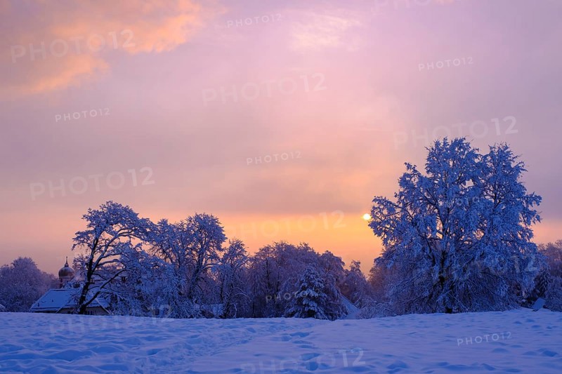 Sunrise with hoarfrost in winter, at the Schlossberg, Eurasburg, Loisachtal, Upper Bavaria, Bavaria, Germany, Europe