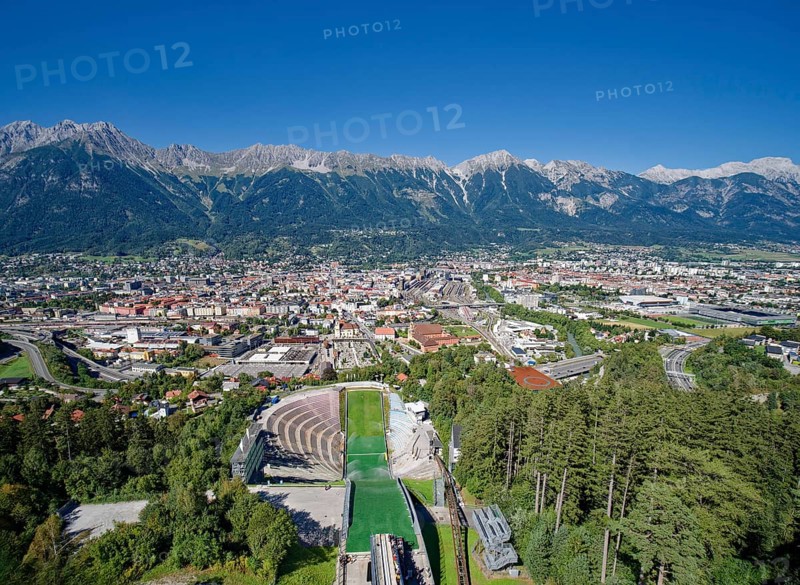 Bergiselschanze, ski jump at Bergisel, view of Innsbruck with the Innsbruck Nordkette, Innsbruck, Tyrol, Austria, Europe