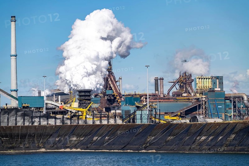 The Tata Steel steel and metallurgical plant in IJmuiden, Velsen, North Holland, Netherlands, largest industrial area in the Netherlands, 2 blast furnaces, 2 coking plants, rolling mills, directly on the North Sea, estuary of the river Ij, Ijmuiden aan Zee