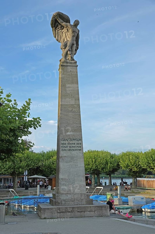 Ferdinand Graf von Zeppelin monument, column with sculpture, obelisk, harbour, Constance, Obersee, Lake Constance, Lake Constance area, Baden-Württemberg, Germany, Europe