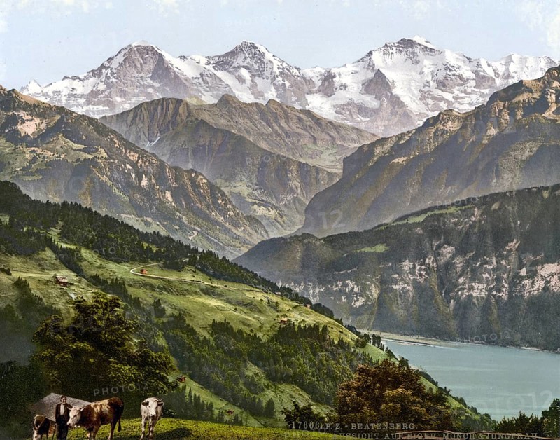 Beatenburg, Beatenberg, View of Jungfrau, Mönch and Eiger, Bernese Oberland, Switzerland, Historic, digitally restored reproduction from a 19th century original, Record date not stated, view of Jungfrau, Monch and Eiger, Bernese Oberland, Switzerland, Historic, digitally restored reproduction from a 19th century original, Record date not stated, Europe