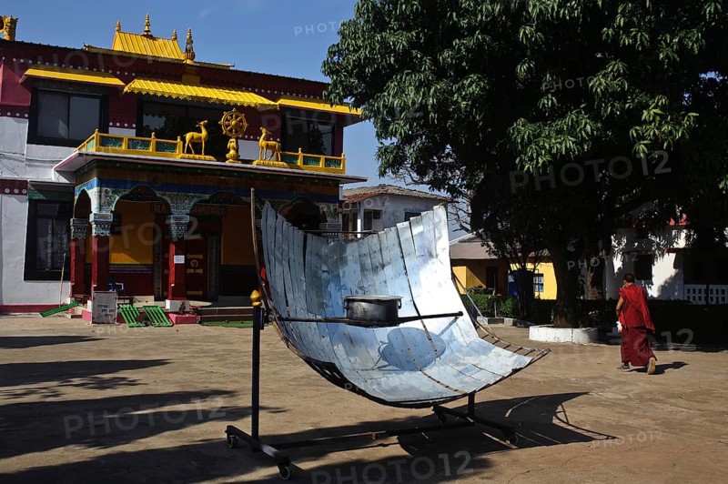Solar panel used for cooking in a tibetan monastery at Mainpat, Chhattisgarh, India, Asia