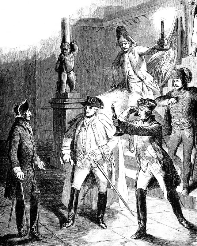 Austrian officers receive King Frederick II in Lissa or Lesnica, Poland, Battle of Leuthen, night, candles, light, stairs, astonishment, Prussia, historical illustration 1882, Europe