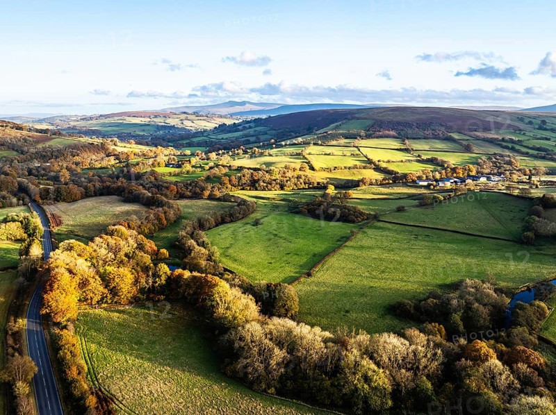 Farms over Trecastle from a drone at sunset, Brecon Beacons National Park, Powys, Wales, England, United Kingdom, Europe