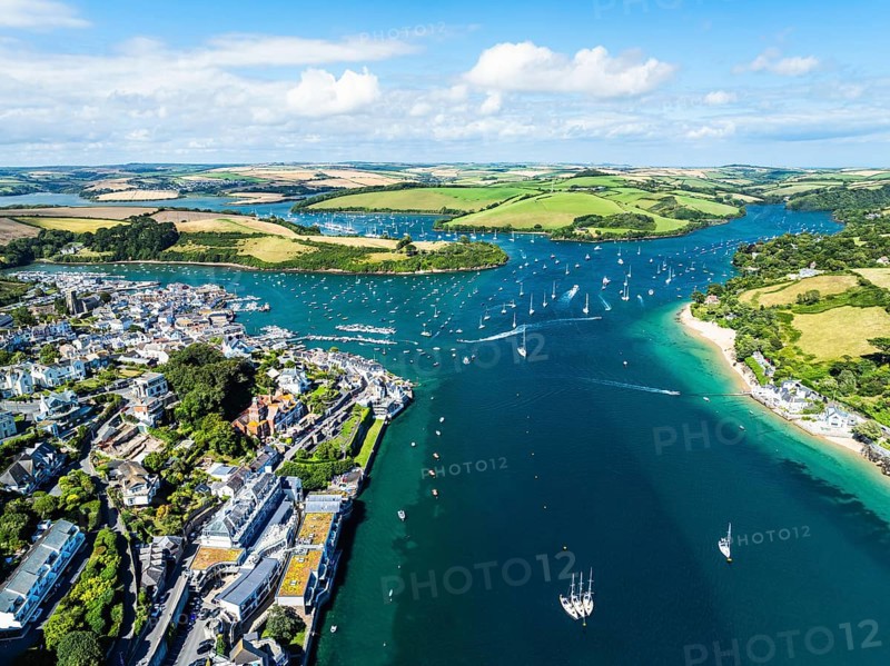 Salcombe and Mill Bay over Kingsbridge Estuary from a drone, Batson Creek, Southpool Creek, Devon, England, United Kingdom, Europe