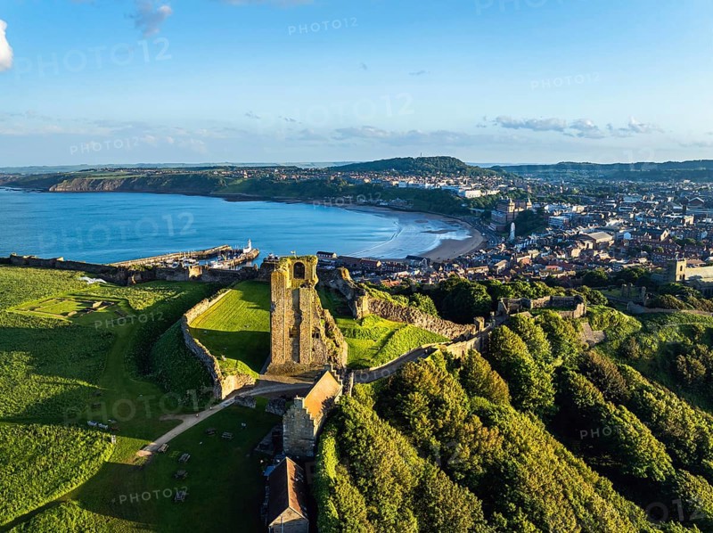 Scarborough Castle from a drone, Scarborough, North Yorkshire, England, United Kingdom, Europe