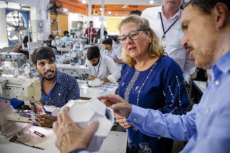 Svenja Schulze (SPD), Federal Minister for Economic Cooperation and Development, visiting Anwar Khawaja Industries PVT. LTD, where footballs are manufactured for the Bundesliga, among others. Sialkot, 23.08.2024. Photographed on behalf of the Federal Ministry for Economic Cooperation and Development
