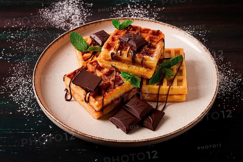 Viennese waffles, with chocolate, breakfast, on a dark background, no people, selective focus, waffles, dessert, chocolate, mint