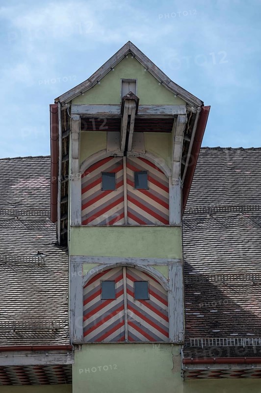 Historic roof lift bay of the former town chancellery and court registry, main street 22, Rottweil, Baden-Württemberg, Germany, Europe