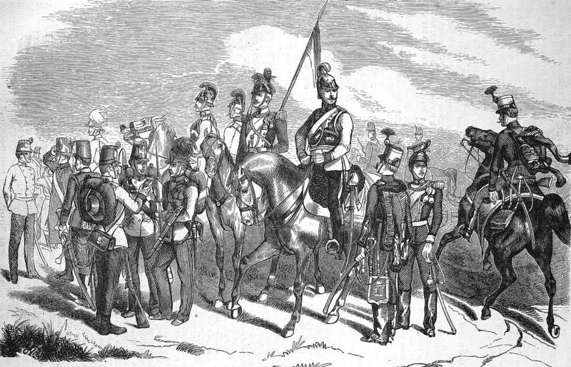 Historical, digitally restored reproduction from a 19th century model, Record date not stated, Austrian troops around 1855, mounted artillery, grenadier, pioneer, hunter, cuirassier, dragoon, Uhlan, hussar