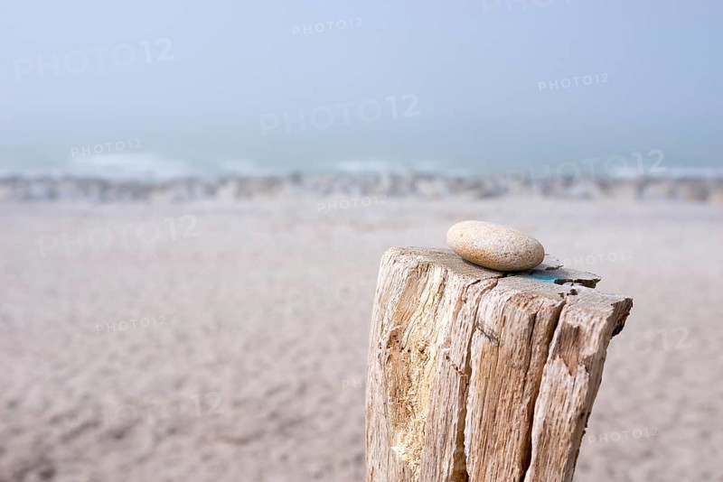 A single stone lies on a wooden pole on the beach with foggy background, pebble on pole, sandy beach and waves, village Kloster, island Hiddensee, Baltic Sea, Mecklenburg-Vorpommern, Germany, Europe
