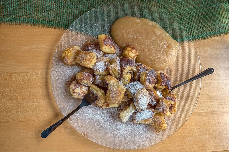Franconian Kaiserschmarrn with apple sauce served in an inn, Franconia, Bavaria, Germany, Europe