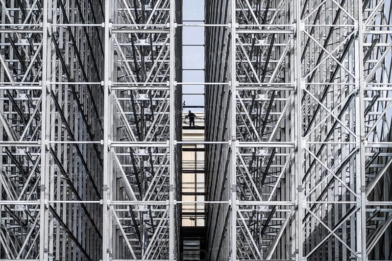 Construction of a high-bay warehouse, storage system for high space utilisation, in steel construction, North Rhine-Westphalia, Germany, Europe