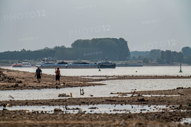 Rhine at Emmerich, extremely low water, Rhine level at 0 cm, falling trend, North Rhine-Westphalia, Germany, Europe