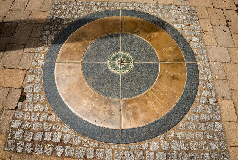Compass rose mosaic in the ground, surrounded by cobblestones, Schengen, Canton of Remich, Grand Duchy of Luxembourg