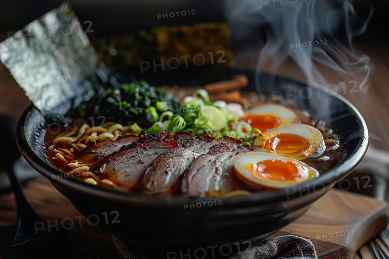 Ramen with miso broth, tender pork slices, soft-boiled eggs, and nori in bowl. Generative Ai, AI generated