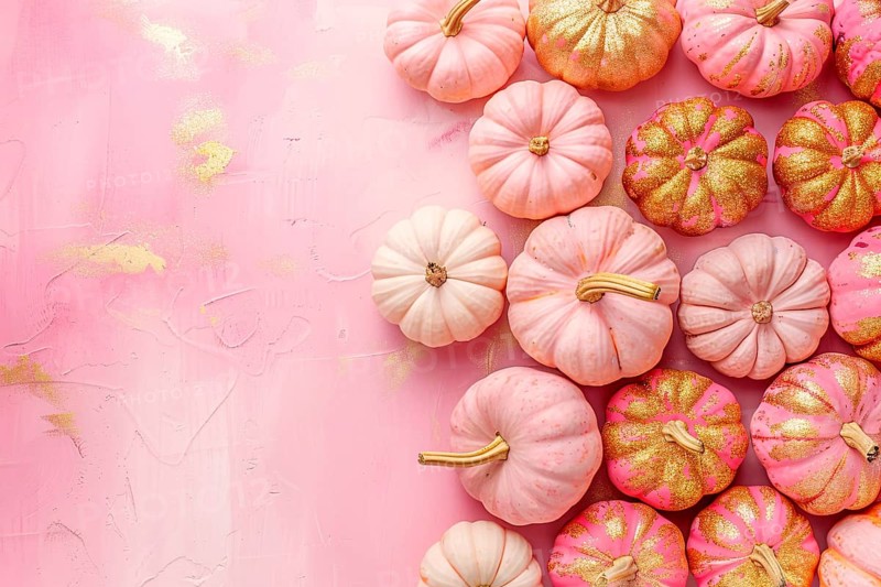 Top view of pink and golden pumpkins on side of pastel pink background with copy space. Generative Ai, AI generated