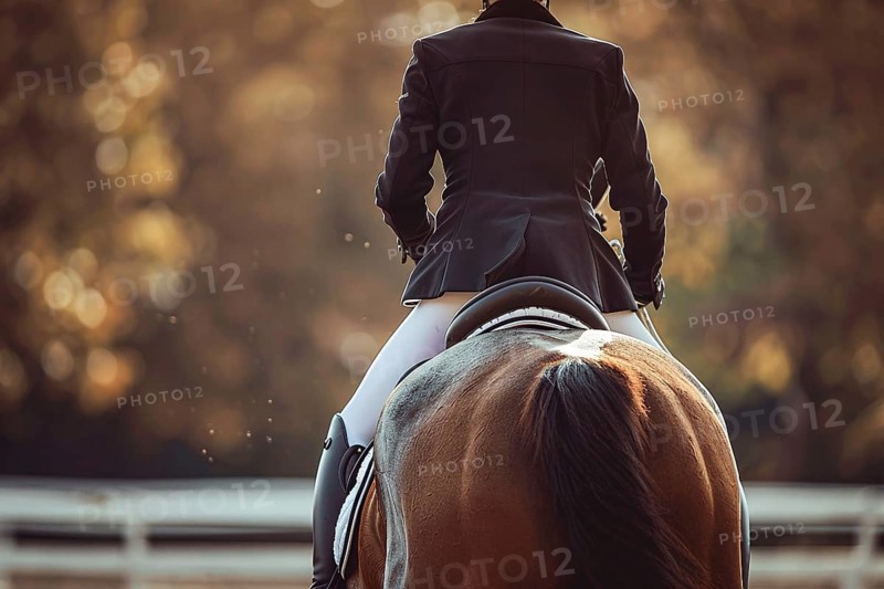 Back view of person in riding horse in dressage sports competition. Generative AI, AI generated