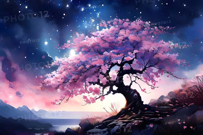 Sakura tree blossoming with pink petals and branches reaching towards a star studded night sky, AI generated