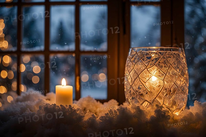Snow-covered window with frost patterns, candlelight softly glowing through the glass, and warm, blurry Christmas lights in the background, AI generated