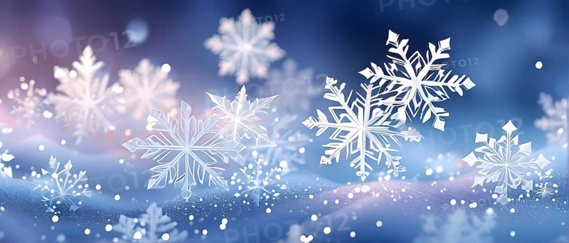 Abstract pattern of snowflakes in varying sizes and shapes in soft white and blue gradients, AI generated