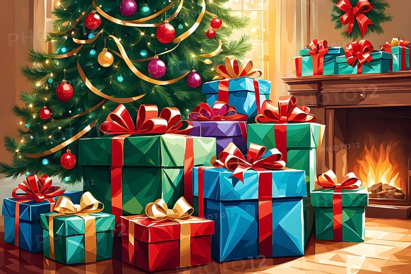 Abstract illustration of wrapped Christmas gifts, shiny ribbons and bows, stacked under a evergreen tree in a cozy living room, AI generated