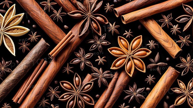 Abstract wallpaper illustration of Christmas spices like cinnamon sticks, star anise, and cloves, AI generated