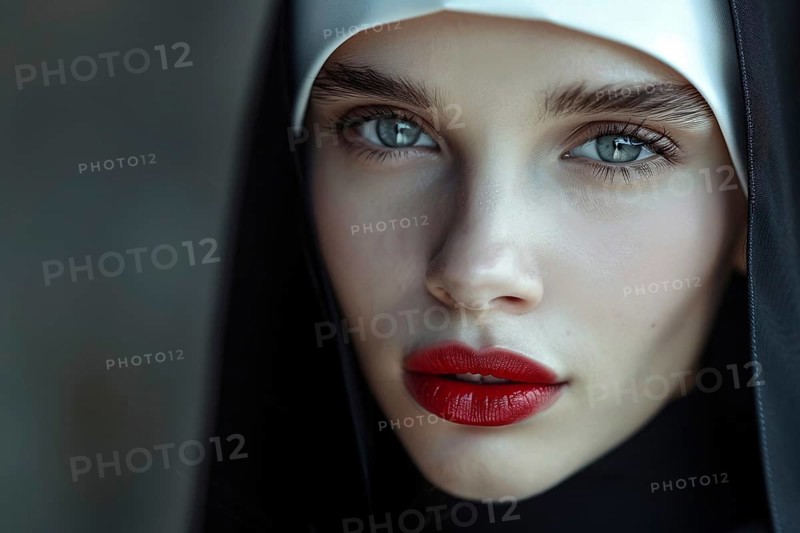 Attractive young woman with red lipstick and christian nun habit with veil. Generative Ai, AI generated