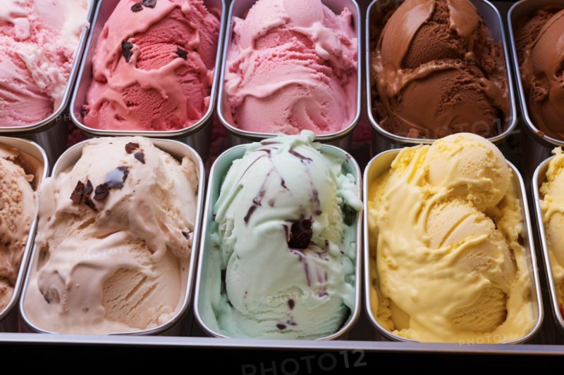 Different ice cream flavors at ice parlor shop. KI generiert, generiert, AI generated